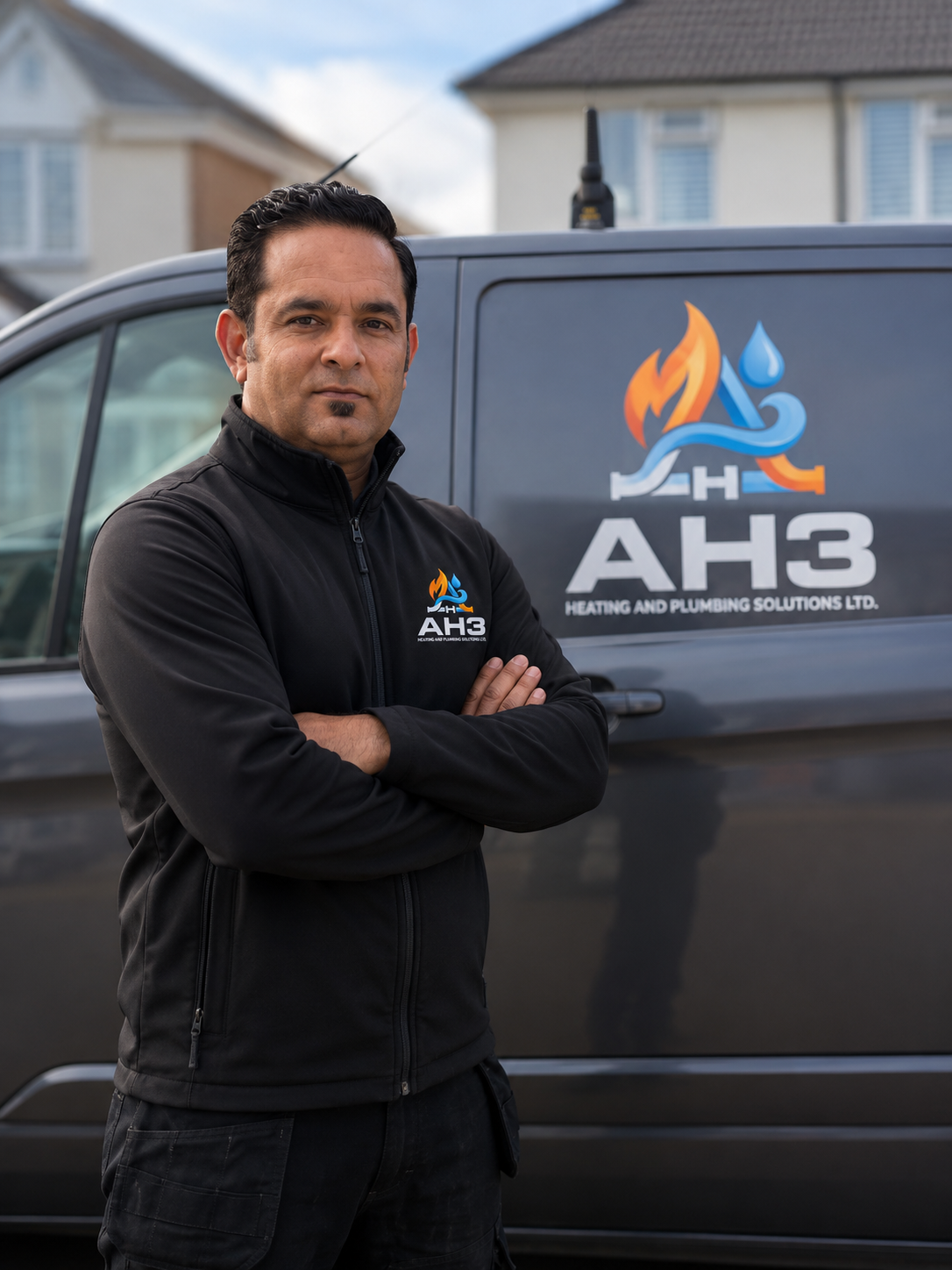 Alamgir Chaudhry, Gas Safe registered AH3 engineer, standing in front of the AH3 Heating and Plumbing van